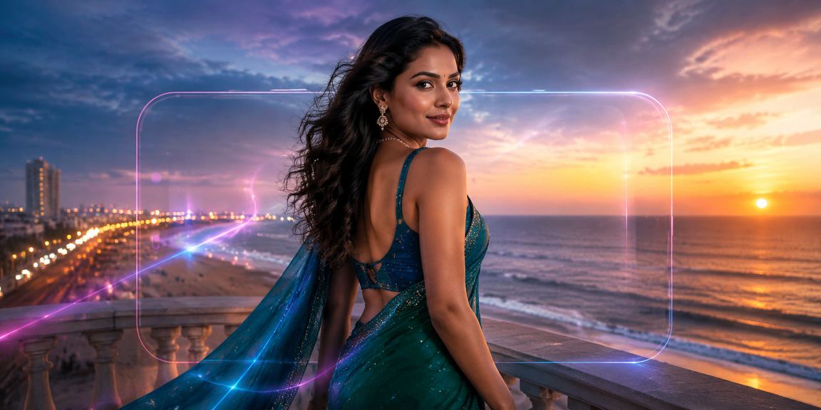 Chennai Marina Beach at sunset with casino app on mobile device