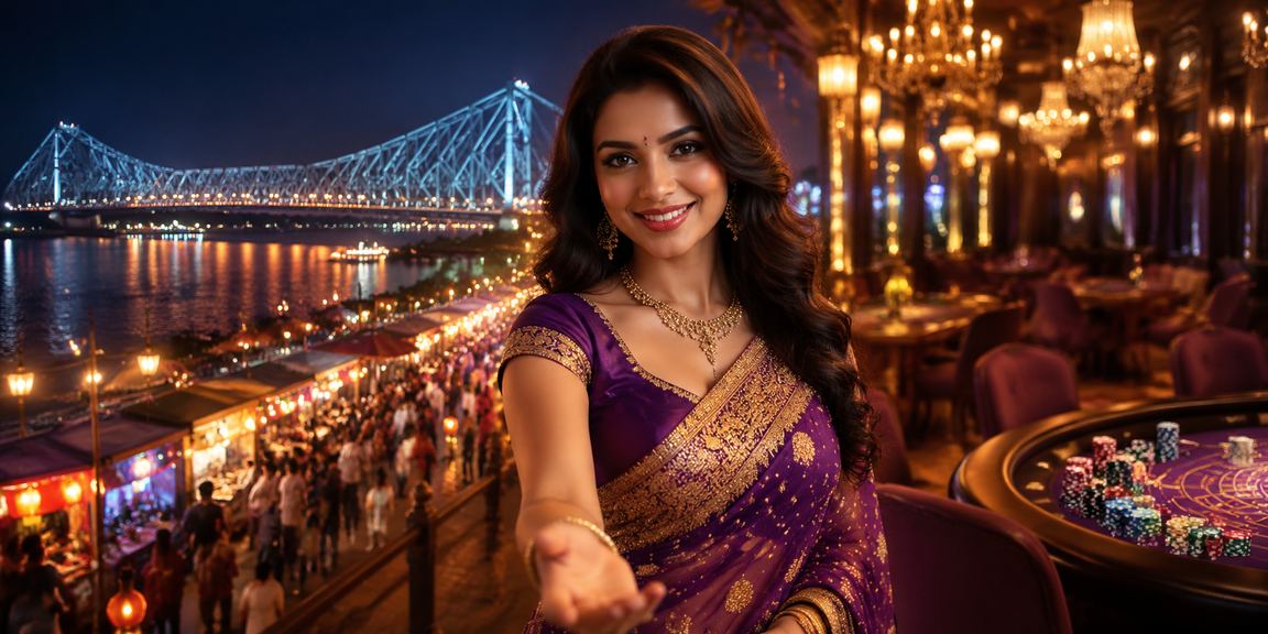 Kolkata Howrah Bridge illuminated at night with casino app overlay